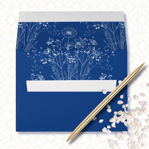 Minimal Simple Wildflower Boho Blue White Wedding  Envelope