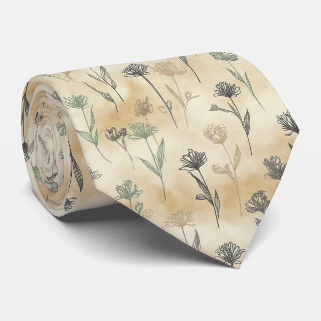 Minimal Single-Stem Floral Pattern Neck Tie (Rolled)