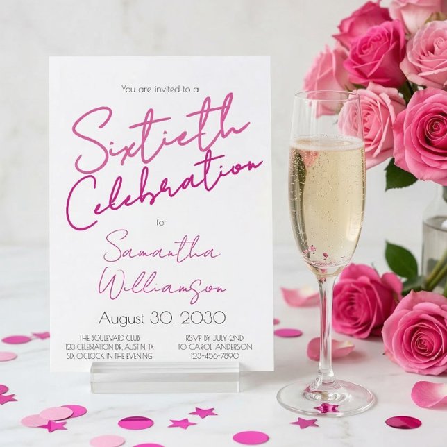 Minimal Sixtieth Celebration Pink Script Birthday  Invitation (Creator Uploaded)