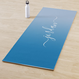 Minimal Sky Blue Gradient White Script Name Yoga Mat