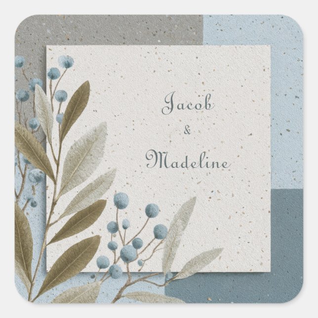 Minimal Slate Blue Berry Taupe Geometric Wedding Square Sticker (Front)