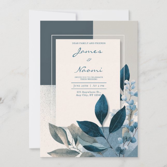 Minimal Slate Blue Geometric Indigo Leaf Wedding Invitation (Front)