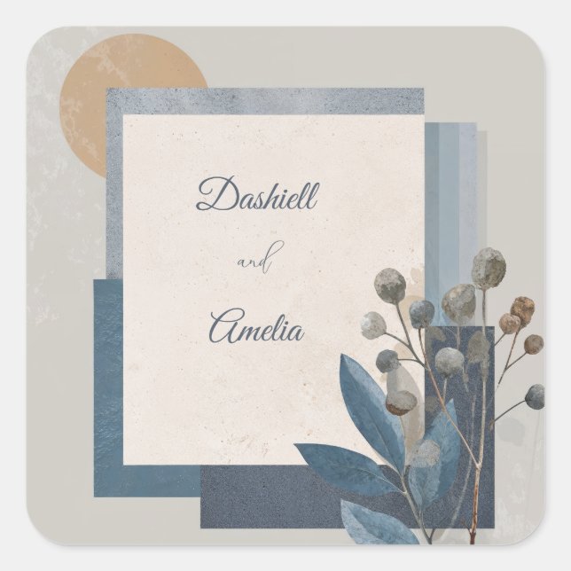 Minimal Slate Blue Terracotta Geometric Botanical Square Sticker (Front)