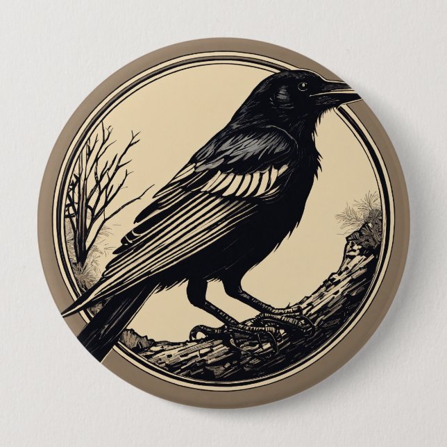 minimal small linocut of a crow, black and white button (Front)