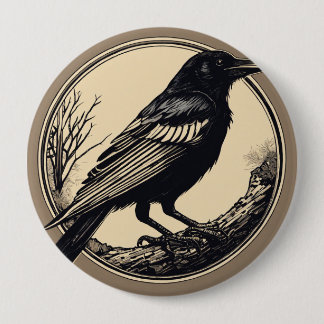 minimal small linocut of a crow, black and white button