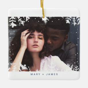 Minimal Snowflakes Frame Merry and Married Photo Ceramic Ornament