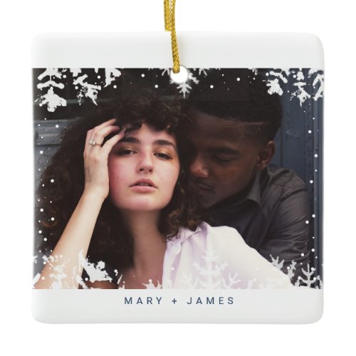 Minimal Snowflakes Frame | Merry and Married Photo Ceramic Ornament