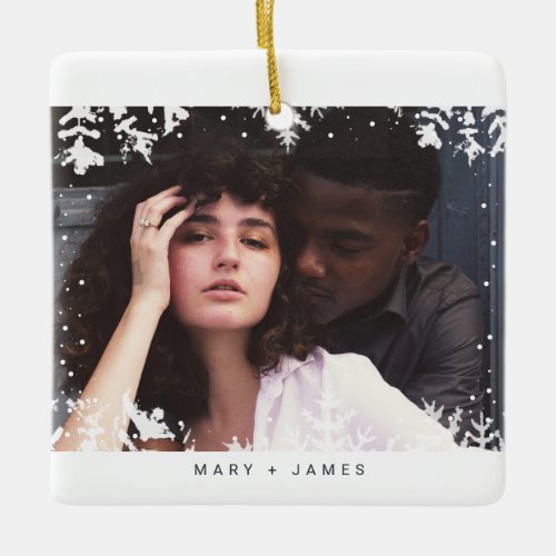 Minimal Snowflakes Frame  Merry and Married Photo Ceramic Ornament