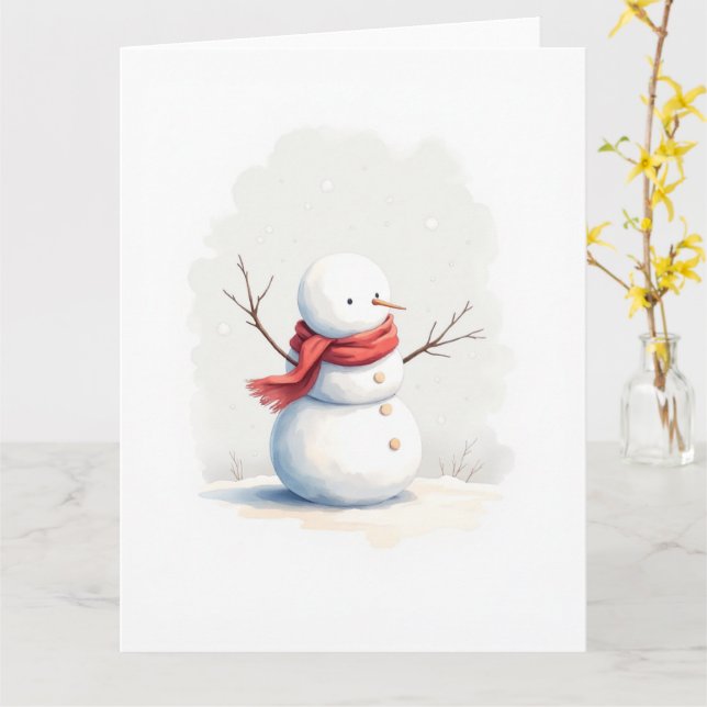 Minimal Snowman Red Scarf Watercolor Christmas Art Card (Yellow Flower)