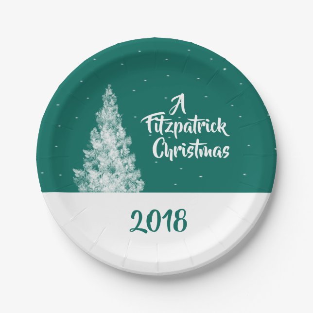 Minimal Snowy Tree Teal and White Holiday Party Paper Plates (Front)