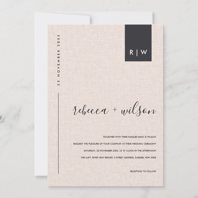 MINIMAL SOFT BLUSH PINK LINEN TYPOGRAPHY WEDDING INVITATION (Front)