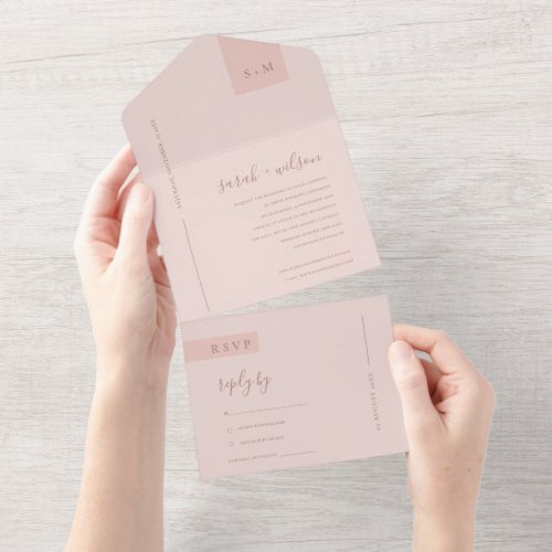 MINIMAL SOFT PASTEL BLUSH DUSKY PINK WEDDING ALL I ALL IN ONE INVITATION