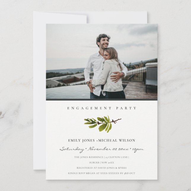 Minimal Soft Pine Branch Photo Engagement Invite (Front)