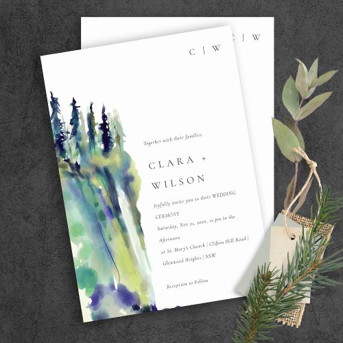 Minimal Soft Pine Tree Mountain Landscape Wedding Invitation