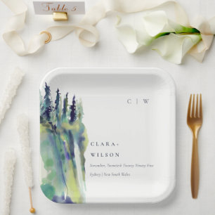 Minimal Soft Pine Tree Mountain Landscape Wedding Paper Plates