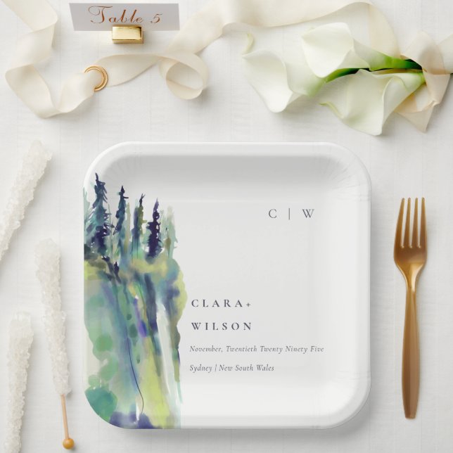 Minimal Soft Pine Tree Mountain Landscape Wedding Paper Plates (Wedding)