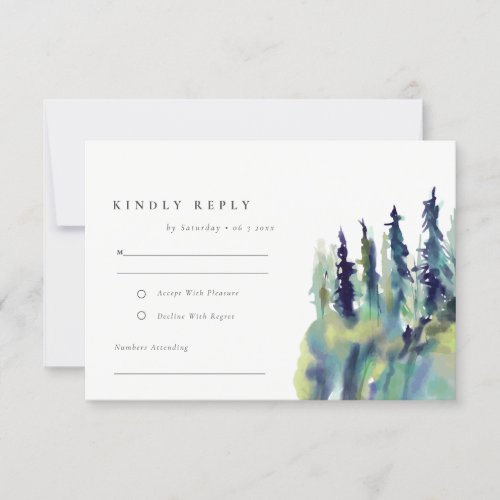 Minimal Soft Pine Tree Mountain Landscape Wedding RSVP Card