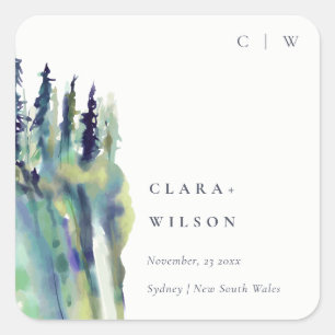 Minimal Soft Pine Tree Mountain Landscape Wedding Square Sticker