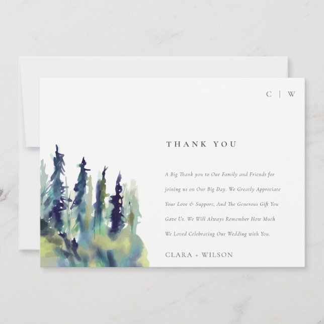 Minimal Soft Pine Tree Mountain Landscape Wedding Thank You Card (Front)