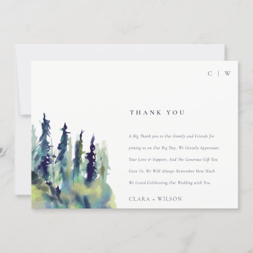 Minimal Soft Pine Tree Mountain Landscape Wedding Thank You Card