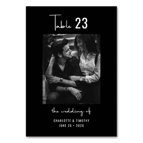 Minimal Solid Black Script Custom Photo Wedding Table Number