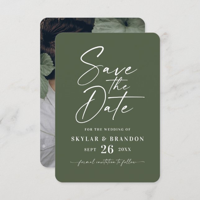 Minimal Solid Monstera Dark Green Color Wedding Save The Date (Front/Back)