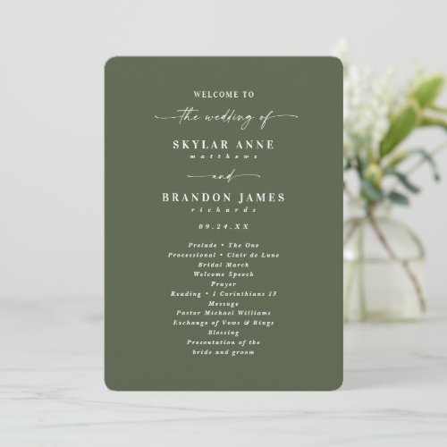 Minimal Solid Monstera Green Wedding Ceremony Program