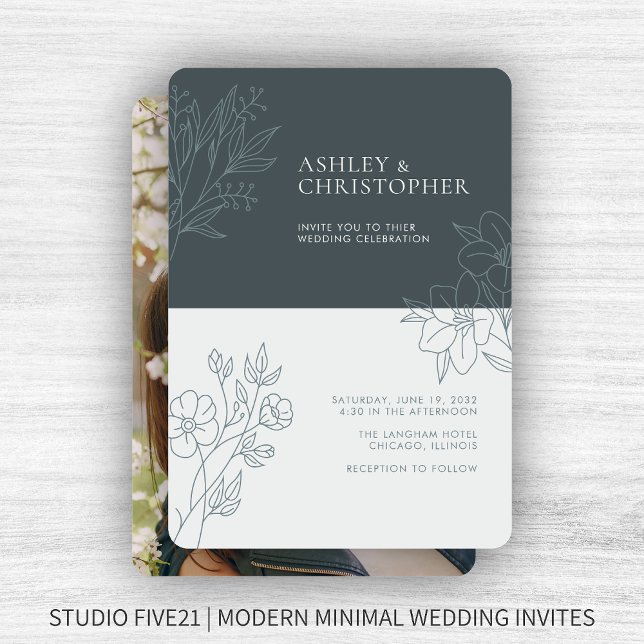 Minimal Space Gray Foliage Outline Photo Wedding Invitation (Creator Uploaded)