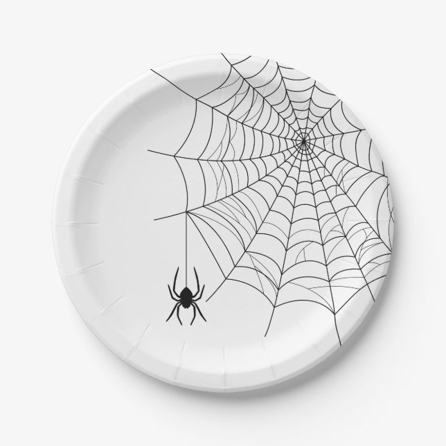 Minimal Spider Web And Spider Silhouette Halloween Paper Plates (Front)