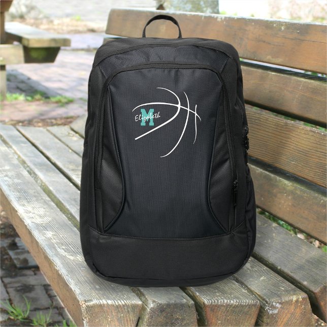minimal sports monogrammed basketball port authority® backpack (on a bench)