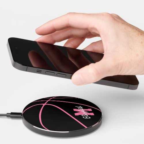 minimal sports monogrammed pink basketball wireless charger 