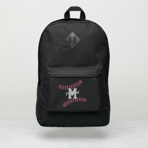 minimal sports monogrammed pink softball port authority backpack