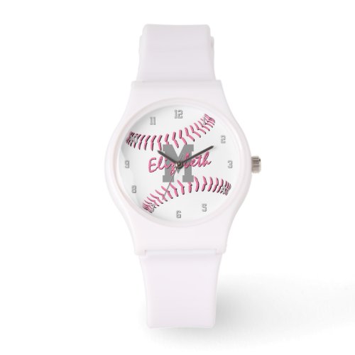 minimal sports pink gray white monogram softball watch