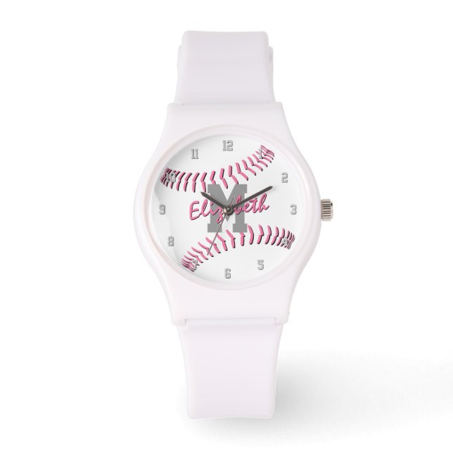 minimal sports pink gray white monogram softball watch (Front)