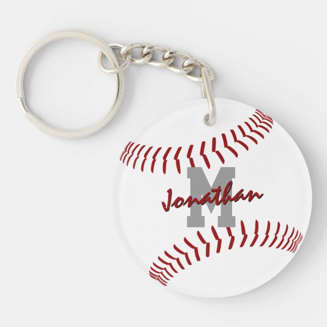 minimal sports red white baseball bag tag keychain (Front)