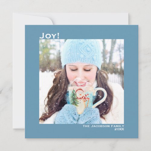 Minimal Square 1 Photo Simple Joy Blue  White Holiday Card