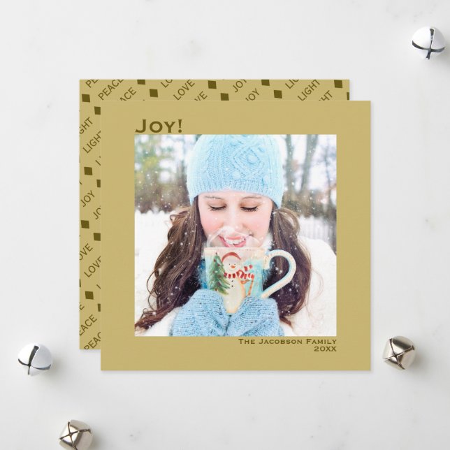 Minimal Square 1 Photo Simple Joy Gold Holiday Card (Front/Back In Situ)