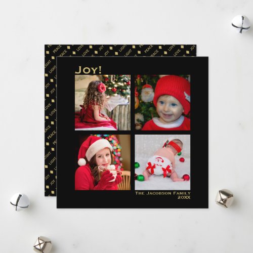 Minimal Square 4 Photo Christmas Joy Black Holiday Card