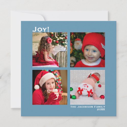 Minimal Square 4 Photo Christmas Joy Blue Holiday Card