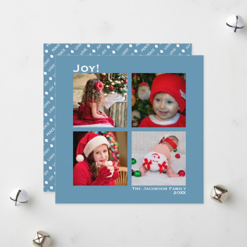 Minimal Square 4 Photo Christmas Joy Blue Holiday Card