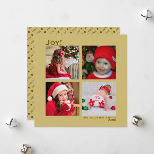 Minimal Square 4 Photo Christmas Joy Gold Holiday Card