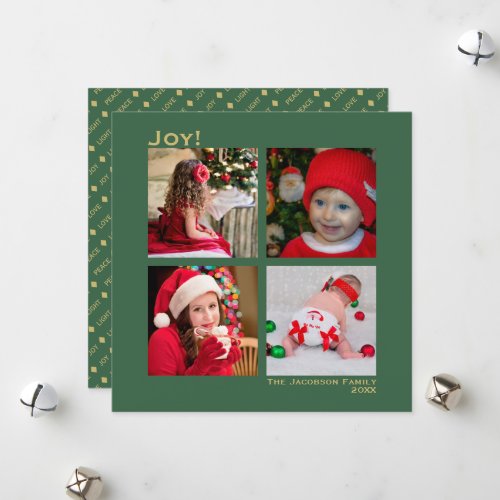Minimal Square 4 Photo Christmas Joy Green Holiday Card