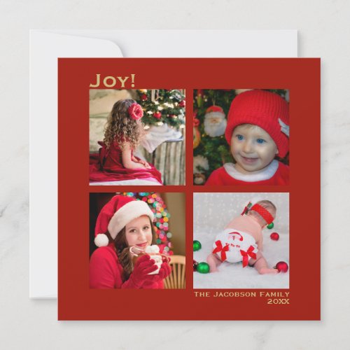 Minimal Square 4 Photo Christmas Joy Red Holiday Card
