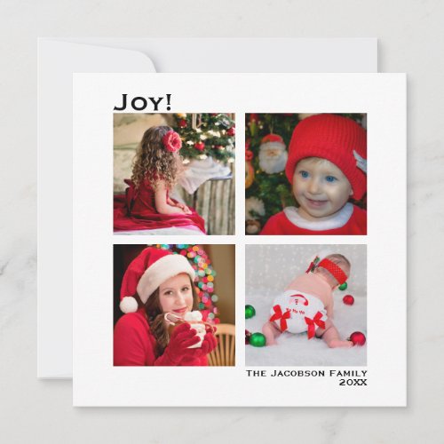 Minimal Square 4 Photo Christmas Joy White Holiday Card