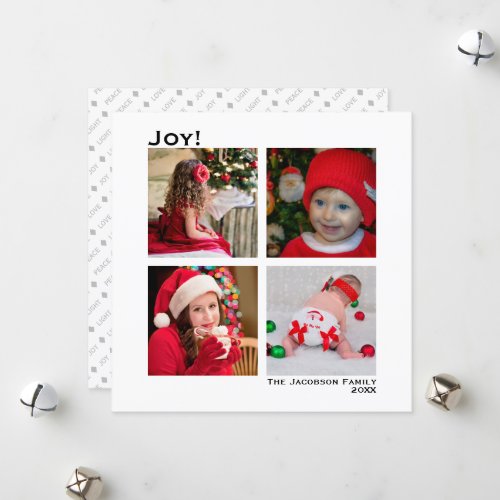 Minimal Square 4 Photo Christmas Joy White Holiday Card