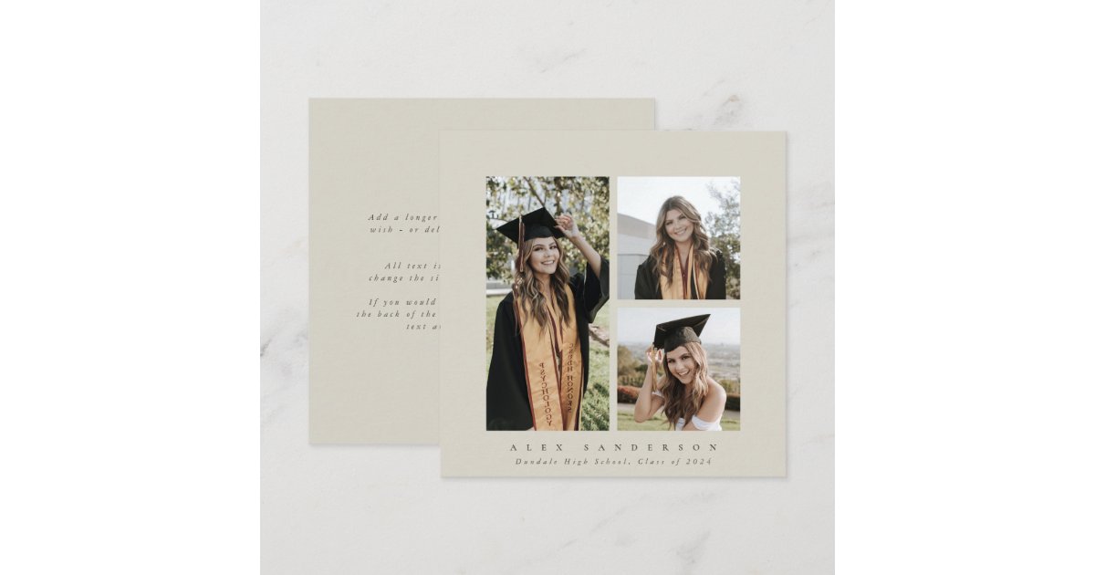 Triple Frame Graduation Minimal Square Beige Frame Triple Photo Graduation Announcement | Zazzle