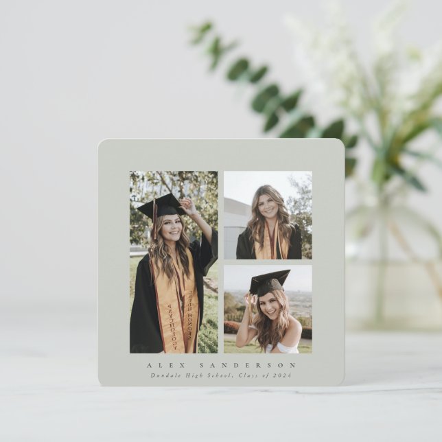Minimal Square Gray-Green Frame Triple Photo Announcement (Standing Front)