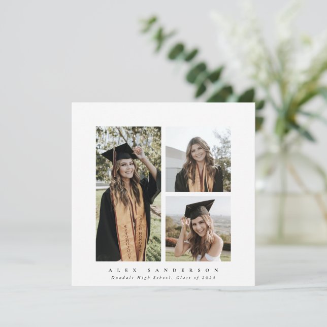 Minimal Square White Frame Triple Photo Graduation Announcement (Standing Front)