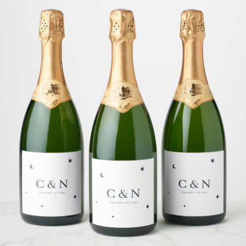 Minimal Star Moon Monogram Wedding Sparkling Wine Label