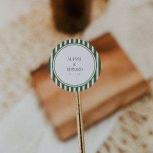 Minimal Striped Green Bride Groom Names Wedding Classic Round Sticker